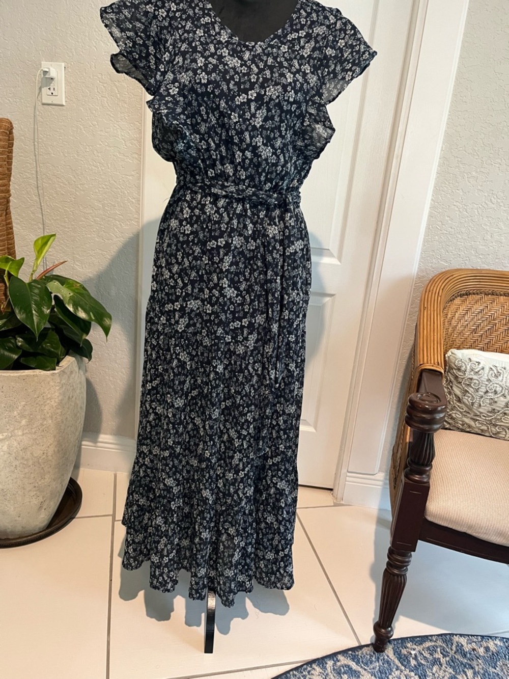 Fair Harbor Navy Floral Ruffle Sleeve Maxi Dress
